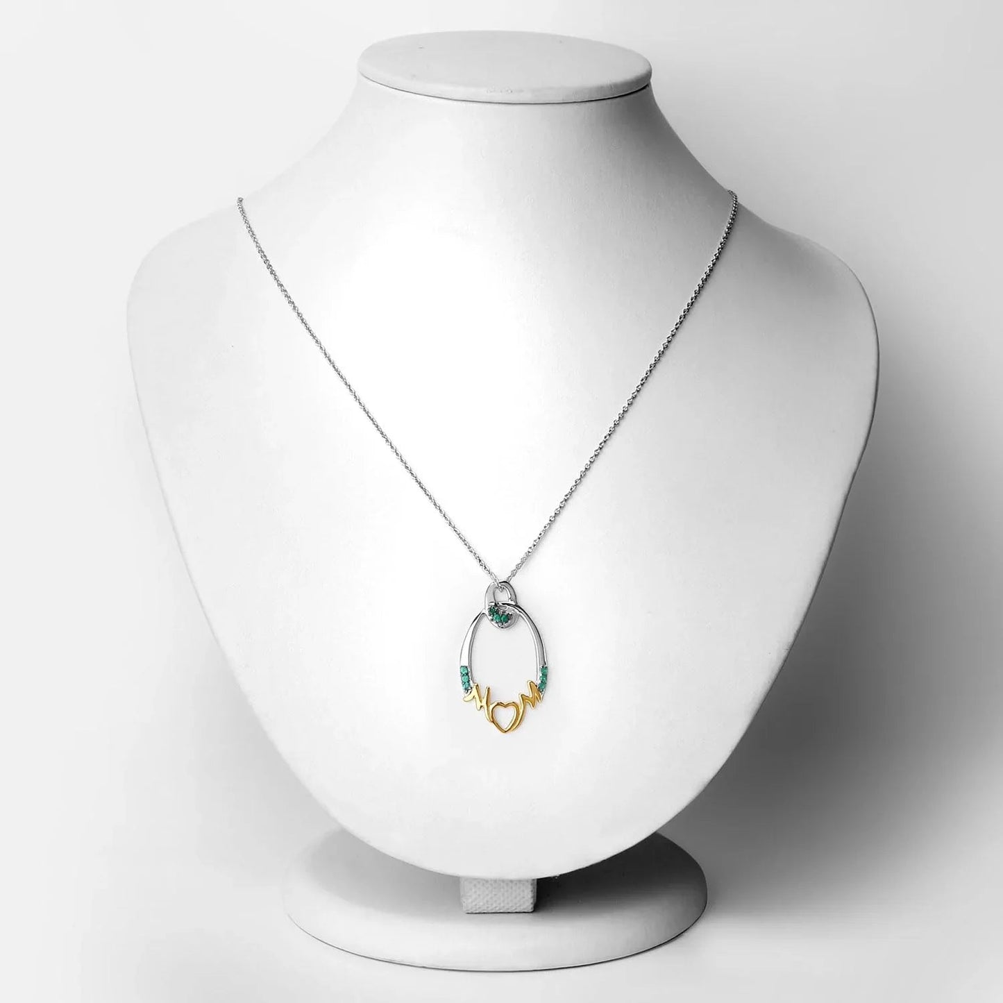 Round Green Emerald Prong Silver Mom Heart Pendant Necklace