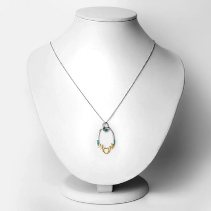 Round Green Emerald Prong Silver Mom Heart Pendant Necklace