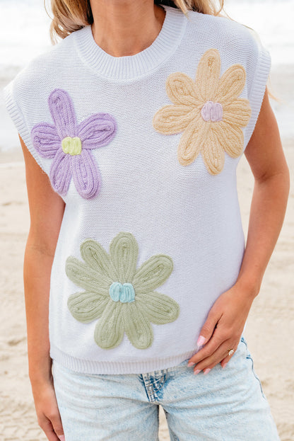 Threaded Pear Hannah Crochet Flower Knit Short Sleeve Sweater Top