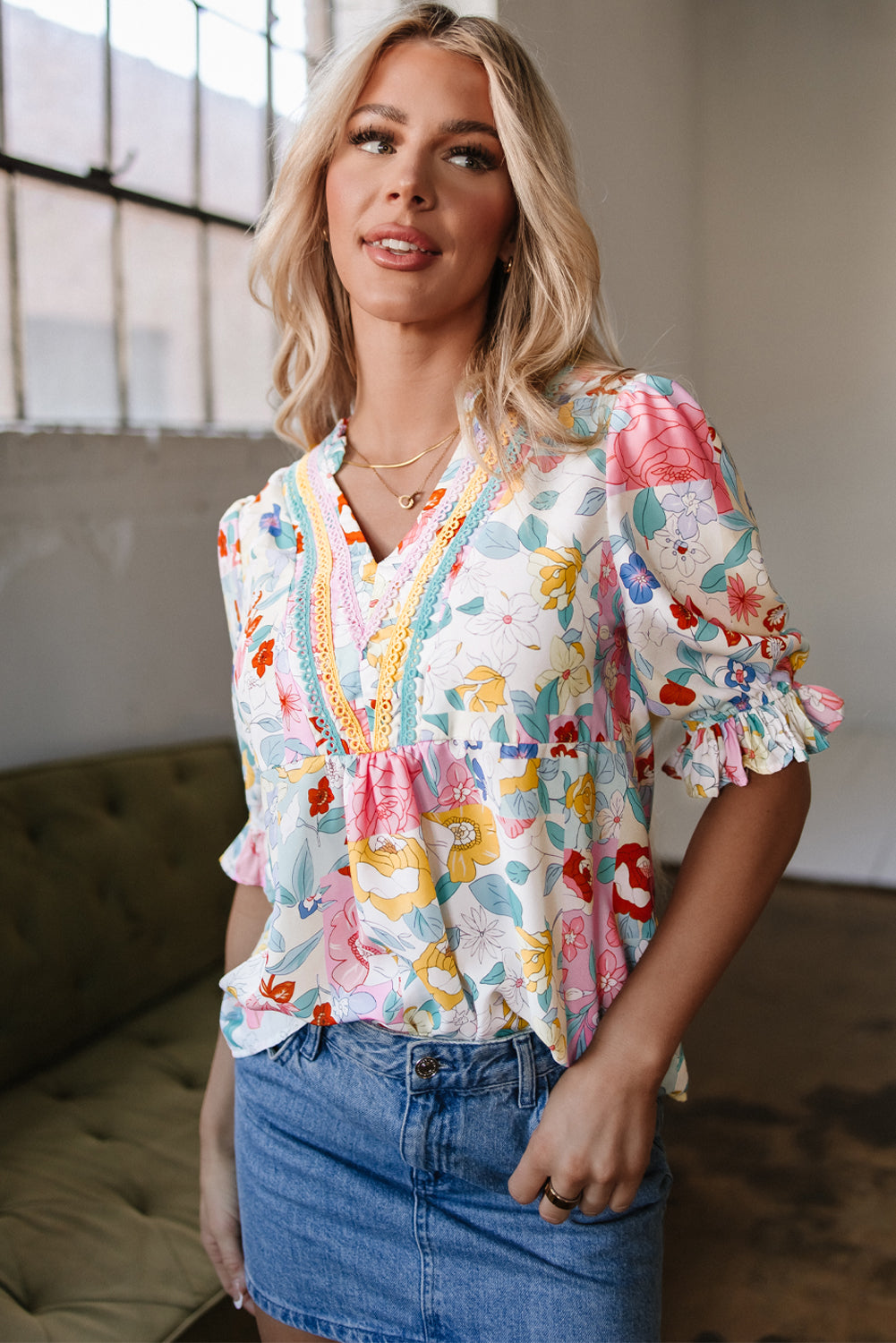Threaded Pear Solana Boho Flower Half Puff Sleeve Blouse