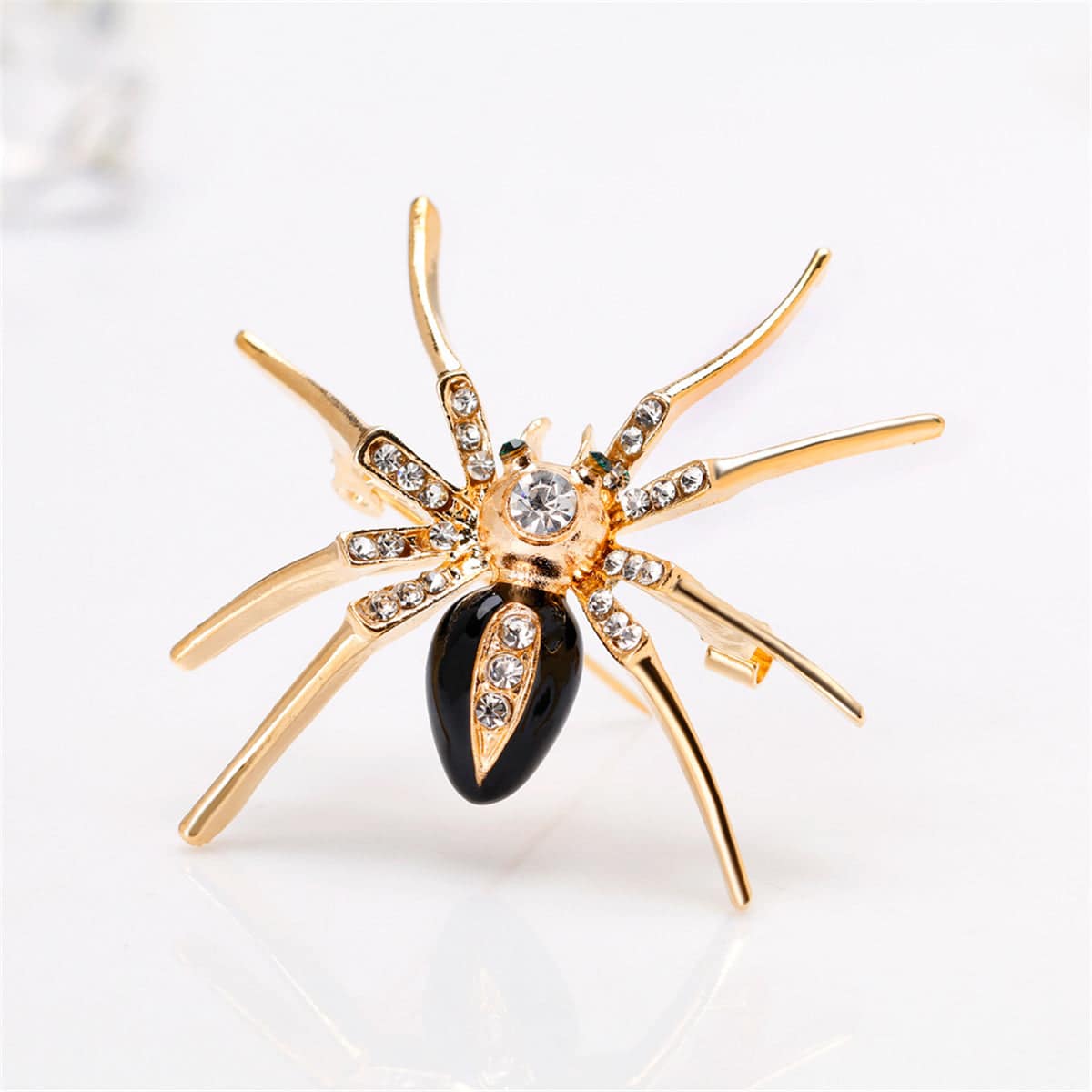 Cubic Zirconia & Black Enamel Goldtone Spider Brooch
