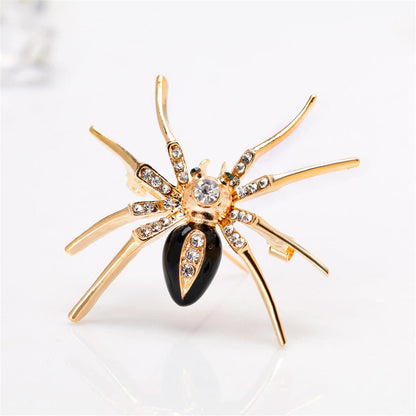 Cubic Zirconia & Black Enamel Goldtone Spider Brooch