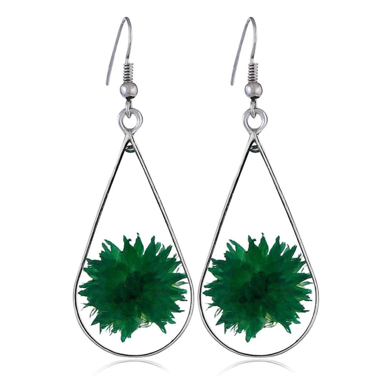 Green Peony & Silvertone Drop Earring