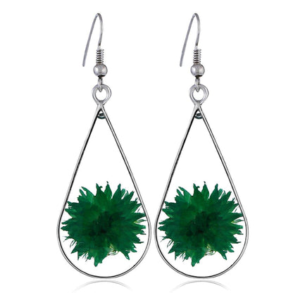 Green Peony & Silvertone Drop Earring