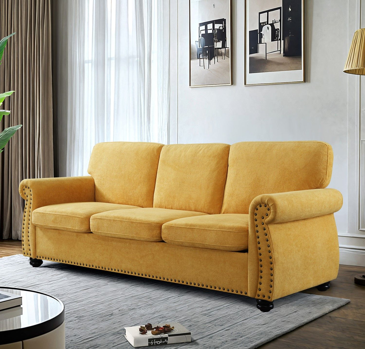 Soft Sofa, Upholstered 3 Seater Couch With High Density Foam, Loose Back Cushions and Turned Legs