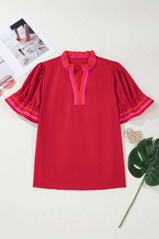 Threaded Pear Luciana Ruffled Short Sleeve Blouse