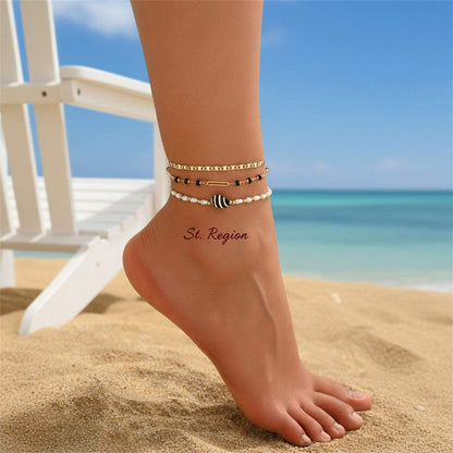 Black Acrylic & Pearl Shell Goldtone Paper Clip Station Anklet Set