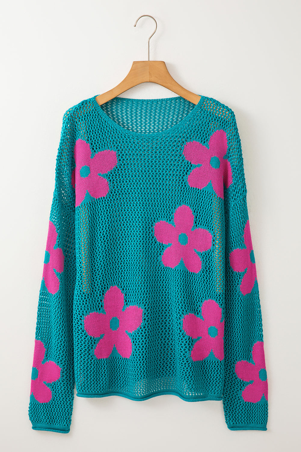 Threaded Pear Dulce Big Flower Hollowed Knit Drop Shoulder Sweater
