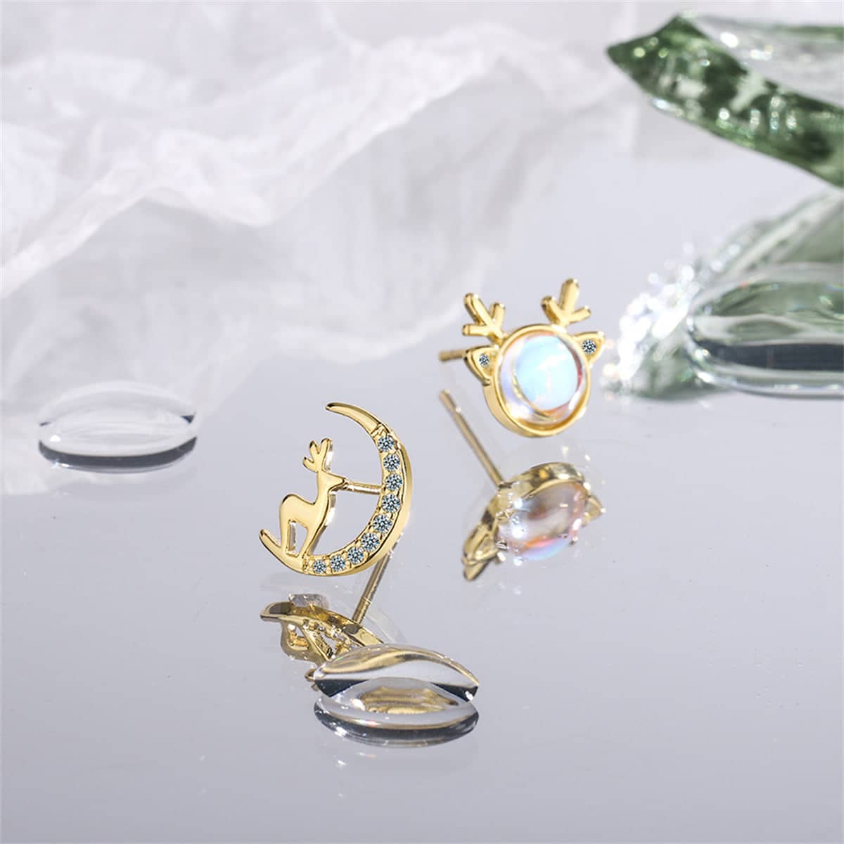 Moonstone & Goldtone Deer & Moon Mismatched Stud Earrings