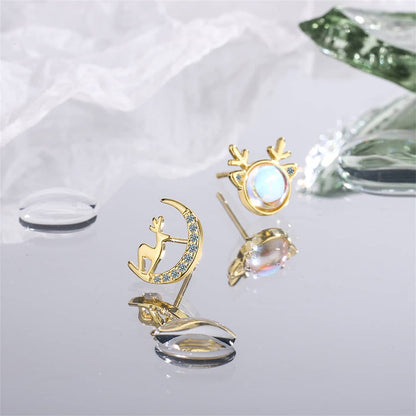 Moonstone & Goldtone Deer & Moon Mismatched Stud Earrings