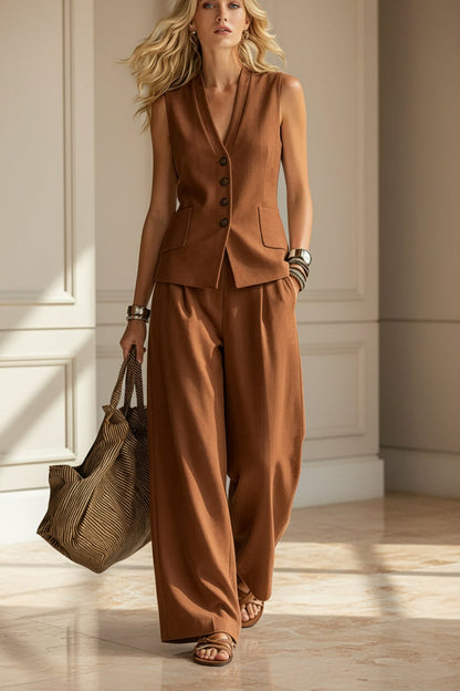 Women's Solid Linen Sleeveless Vest & Wide-Leg Pants Set