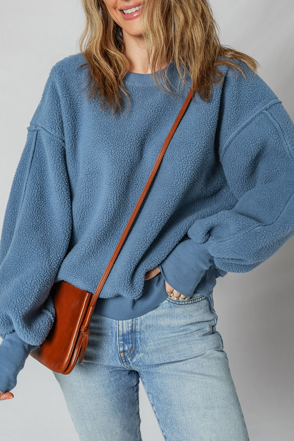 Threaded Pear Kinsley Fleece Exposed Seam Casual Sweatshirt