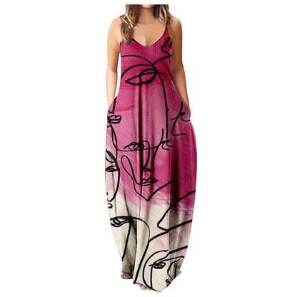 Summer Cool Strap Dress Abstract Face Style Digital Printing Elegant Street Dress