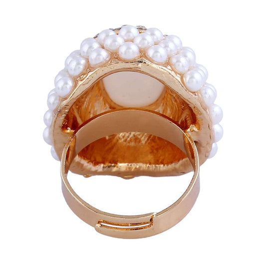 White Cats Eye & Pearl Goldtone Floral Ring