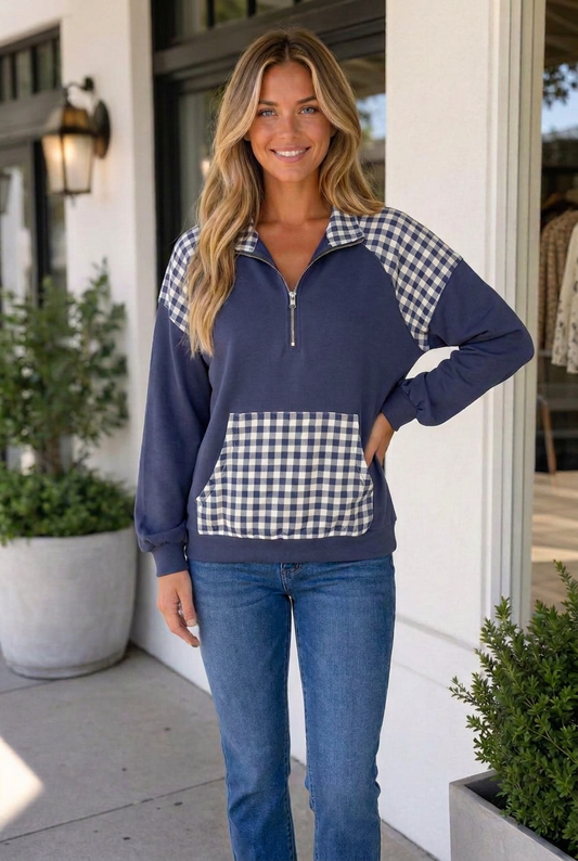 Threaded Pear Franceskah Plaid Quarter Zip Sweatshirt