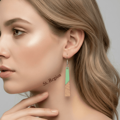 Green Resin & Wood Silvertone Elongated Trapezoid Hook Earrings