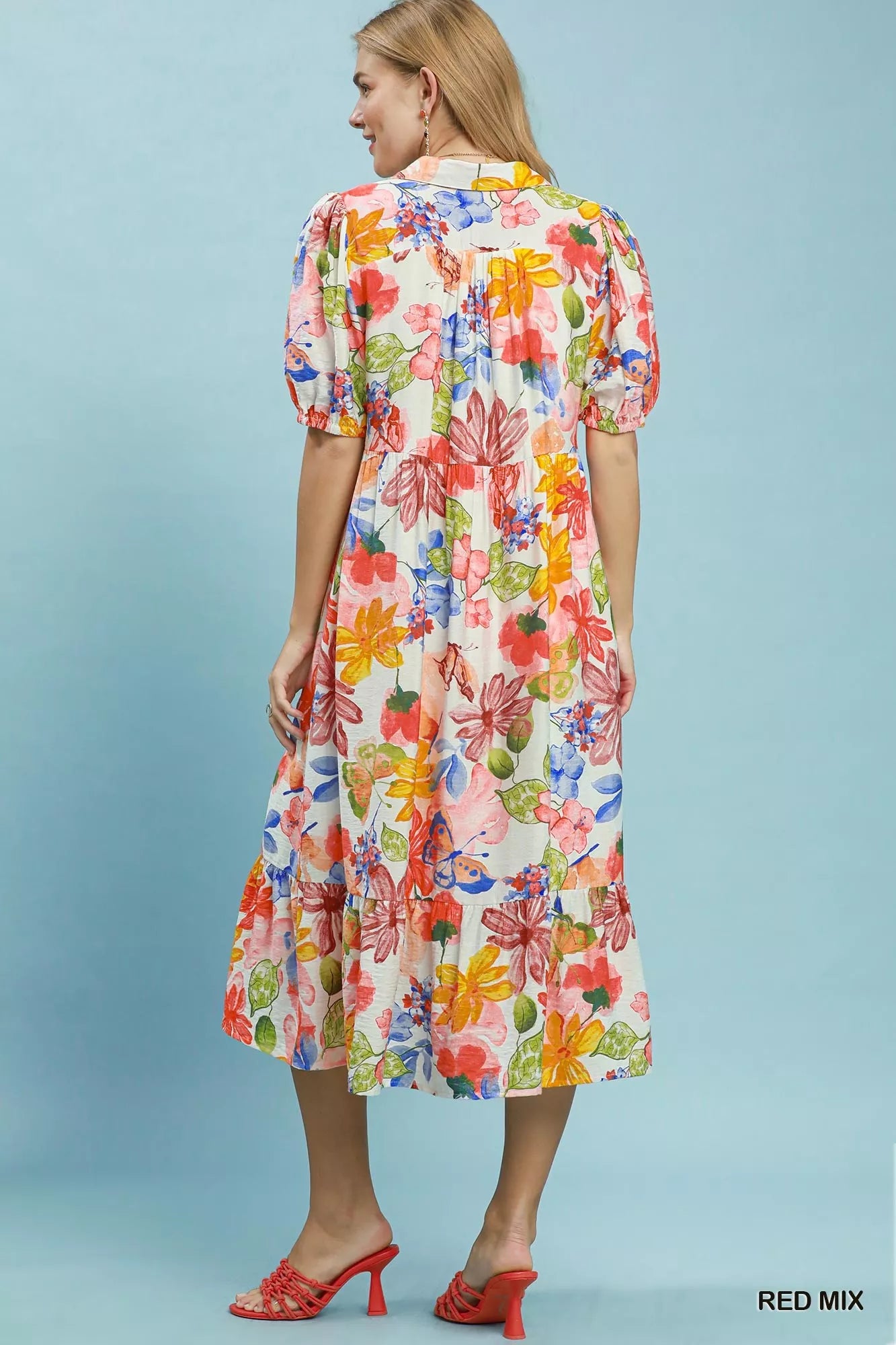 Umgee Watercolor Floral Tiered Midi Dress in Red