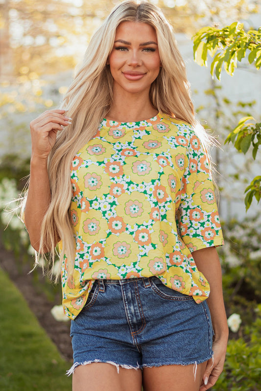Threaded Pear Elouise Flower Drop Shoulder Loose Top