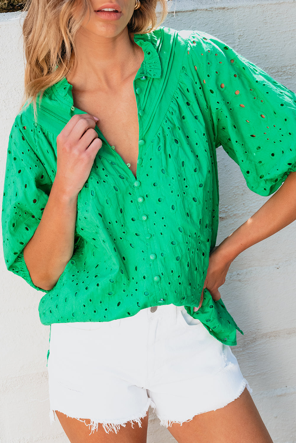 Threaded Pear Arielle Embroidered Hollow-out Puff Sleeve Blouse