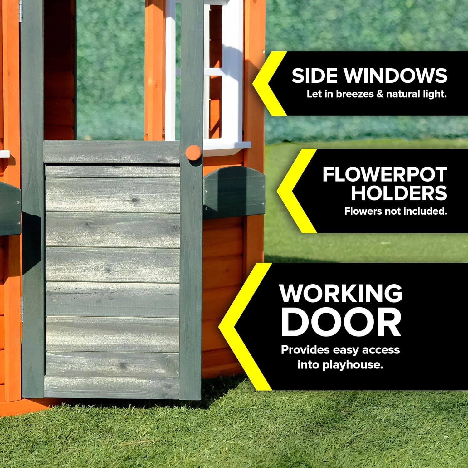 My First Wooden Playhouse: Working Door, Open Concept Design and Flower Pot Holders Constructed from Premium Wood (Pre-Cut and Stained)