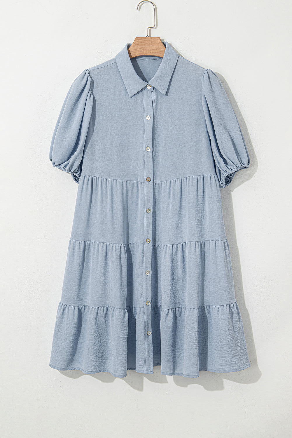 Threaded Pear Arya Shirt Collar Button Up Puff Sleeve Tiered Dress