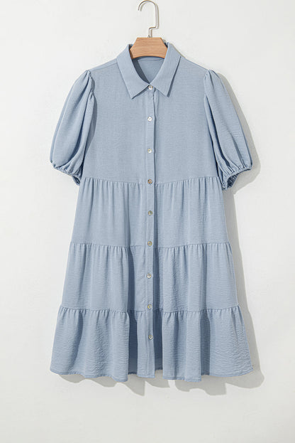 Threaded Pear Arya Shirt Collar Button Up Puff Sleeve Tiered Dress