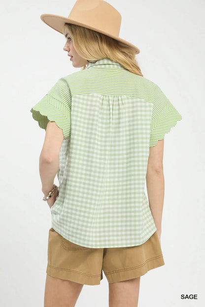 Umgee Mixed Gingham Short Sleeve Shirt