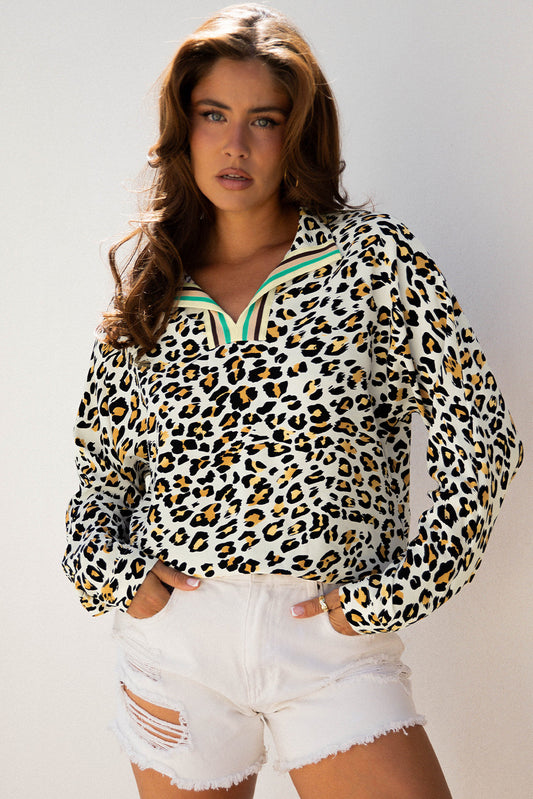 Threaded Pear Laurel Leopard V Neck Blouse