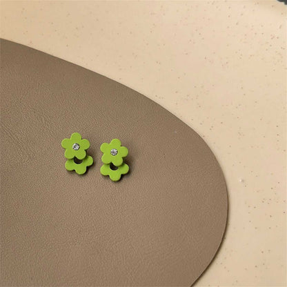 Cubic Zirconia & Green Enamel Flower Stud Earrings