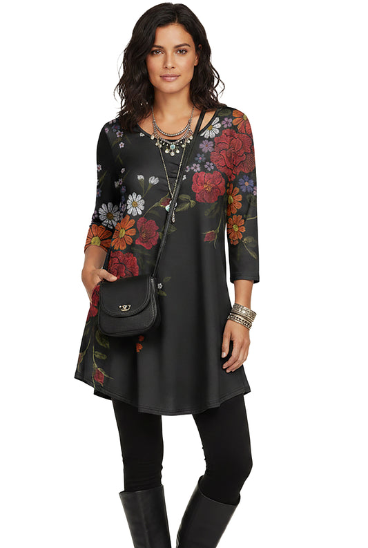 Black Red Floral Print-