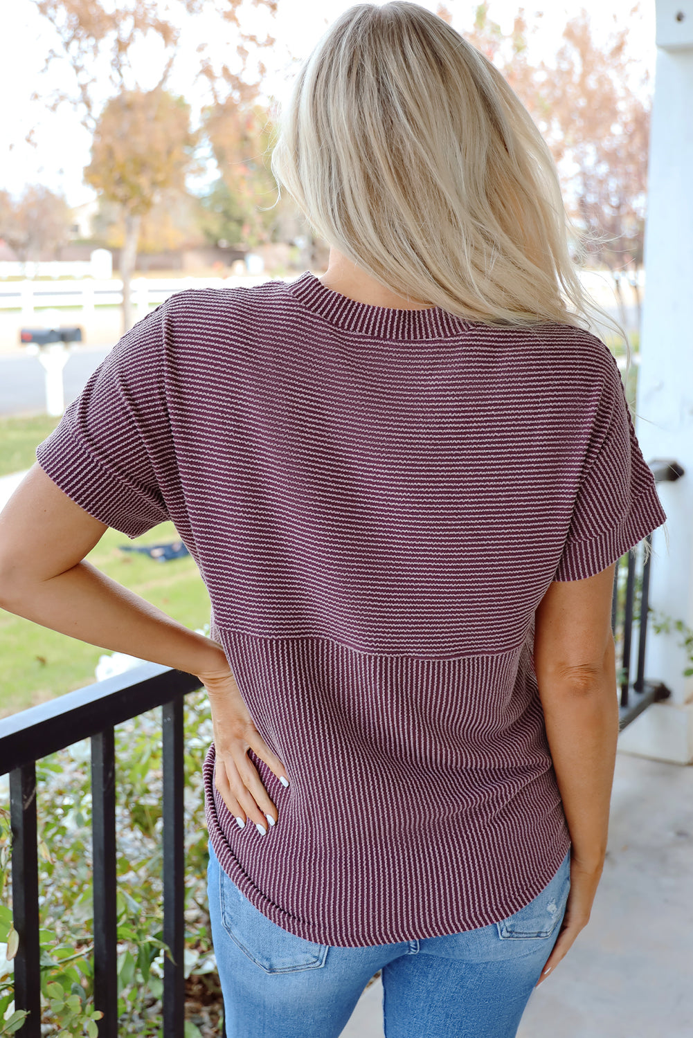 Threaded Pear Alessandra Plain Corded Knit Mock Neck T Shirt