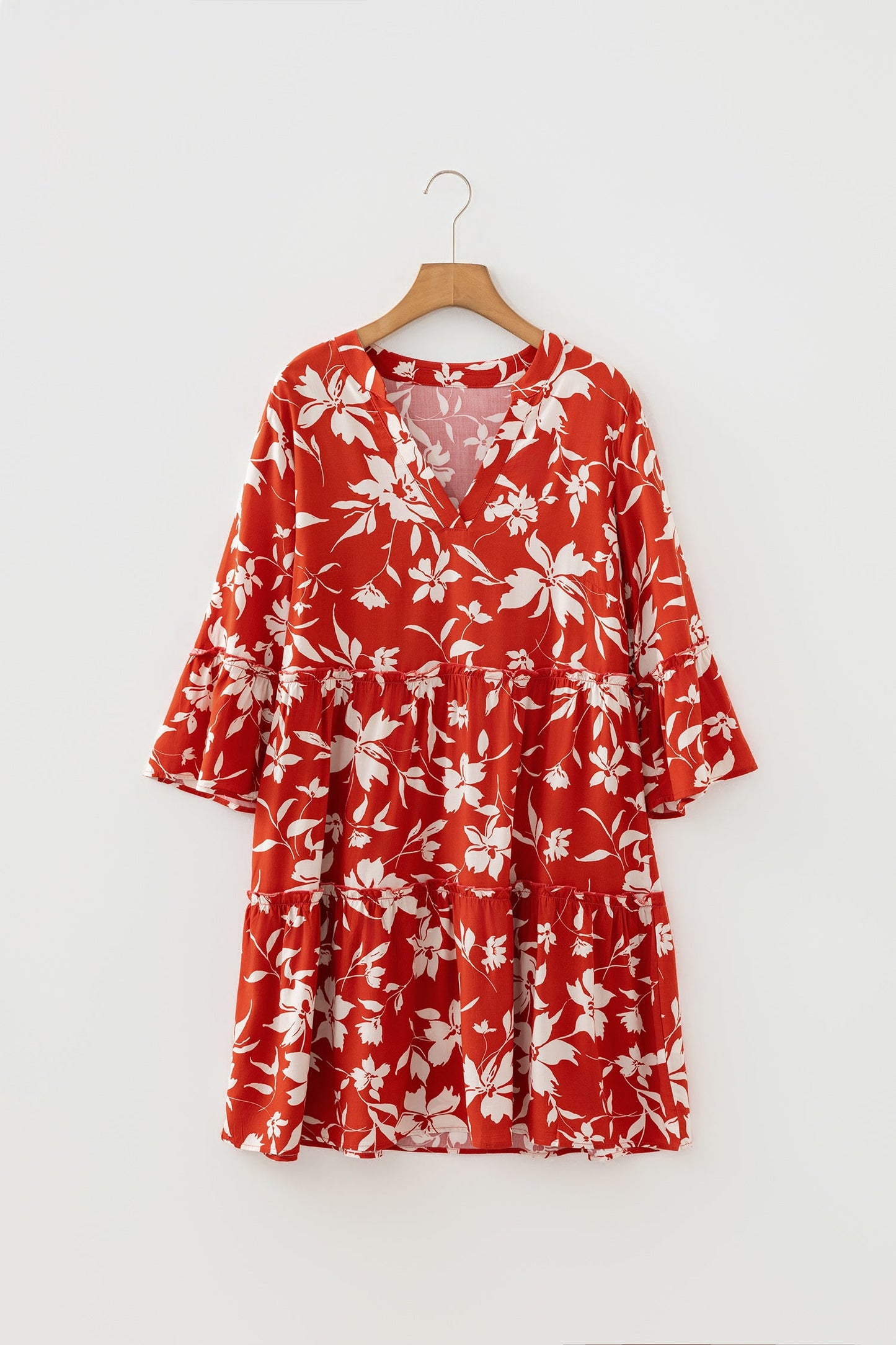 Blue Boho Floral Print Lettuce Trim 3/4 Sleeve Mini Dress
