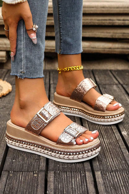Threaded Pear Cattleya Buckle Wedge Platform Slippers