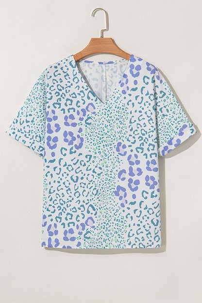 Threaded Pear Marleigh Leopard Print V Neck Short Sleeve Blouse