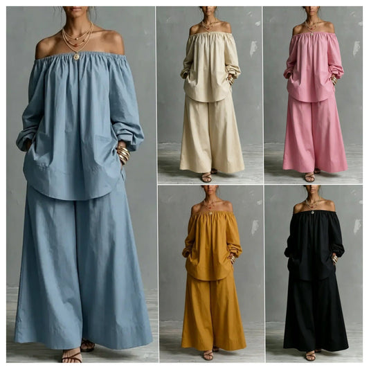 Off-Shoulder Cotton-Linen Wide-Leg Pants Set – 6 Colors, S–5XL