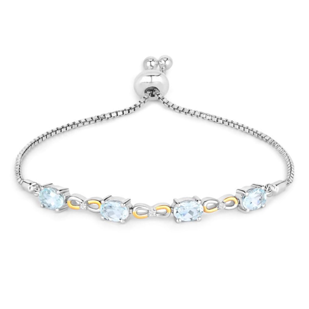 Oval Blue Aquamarine Prong Two-Tone Gold Plated Silver Infinity Bolo Adjustable Bracelet