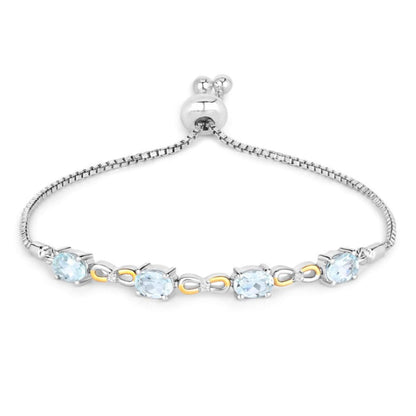 Oval Blue Aquamarine Prong Two-Tone Gold Plated Silver Infinity Bolo Adjustable Bracelet