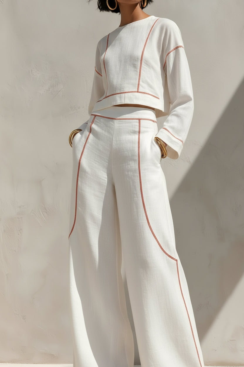 Women's Cropped Long-Sleeve Top & Ultra-Wide Palazzo Pants Set