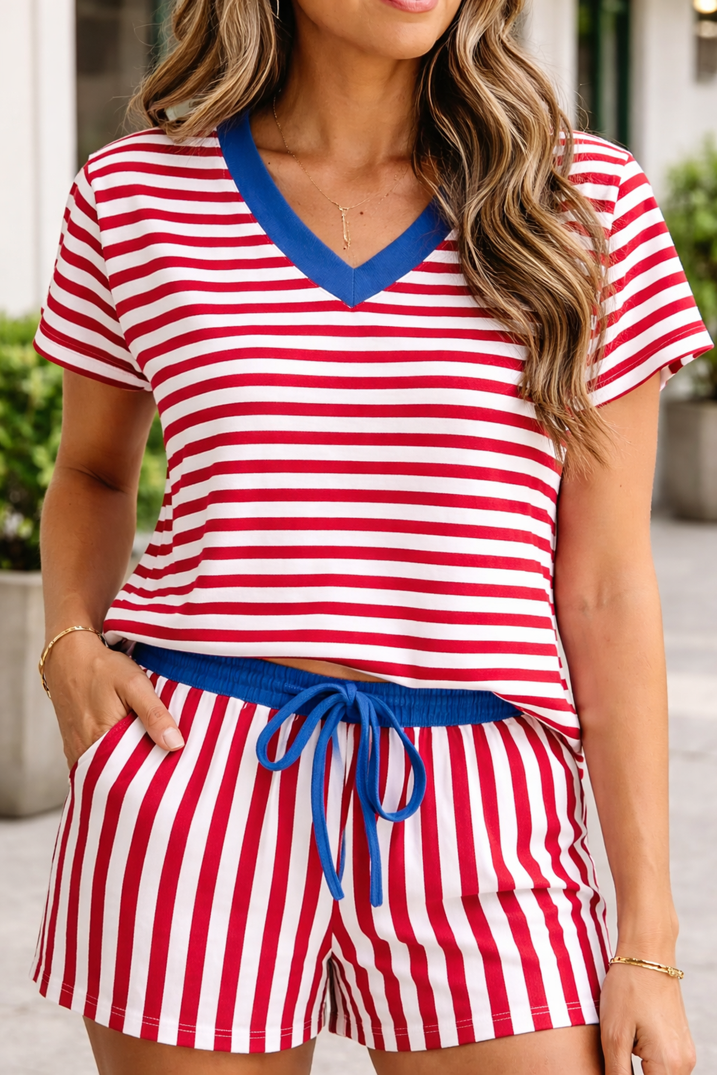 Threaded Pear Skye Stripe Trim Tee Set