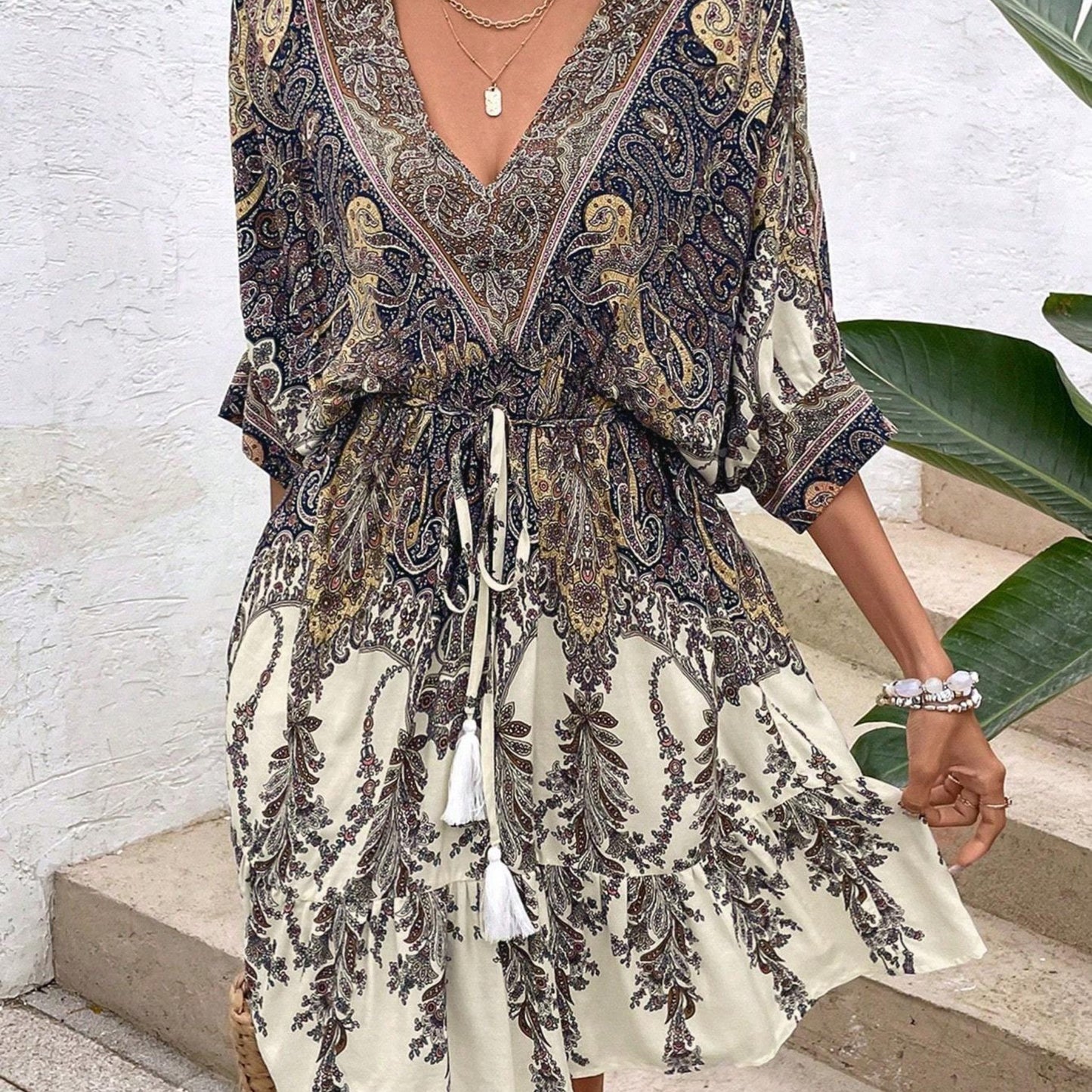 Paisley Print Batwing Sleeve Tassel Tie Front Ruffle Hem Dress