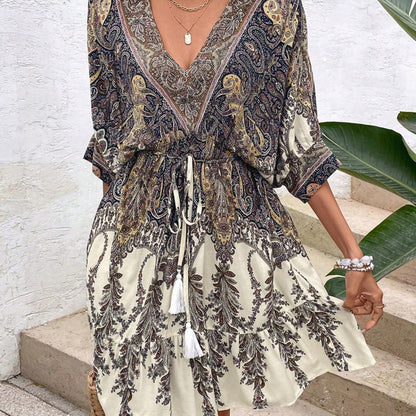 Paisley Print Batwing Sleeve Tassel Tie Front Ruffle Hem Dress