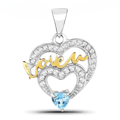 Heart Swiss Blue Topaz Prong Silver Mom Pendant Necklace