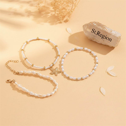 Shell & Pearl Howlite Goldtone Starfish Charm Stretch Anklet Set