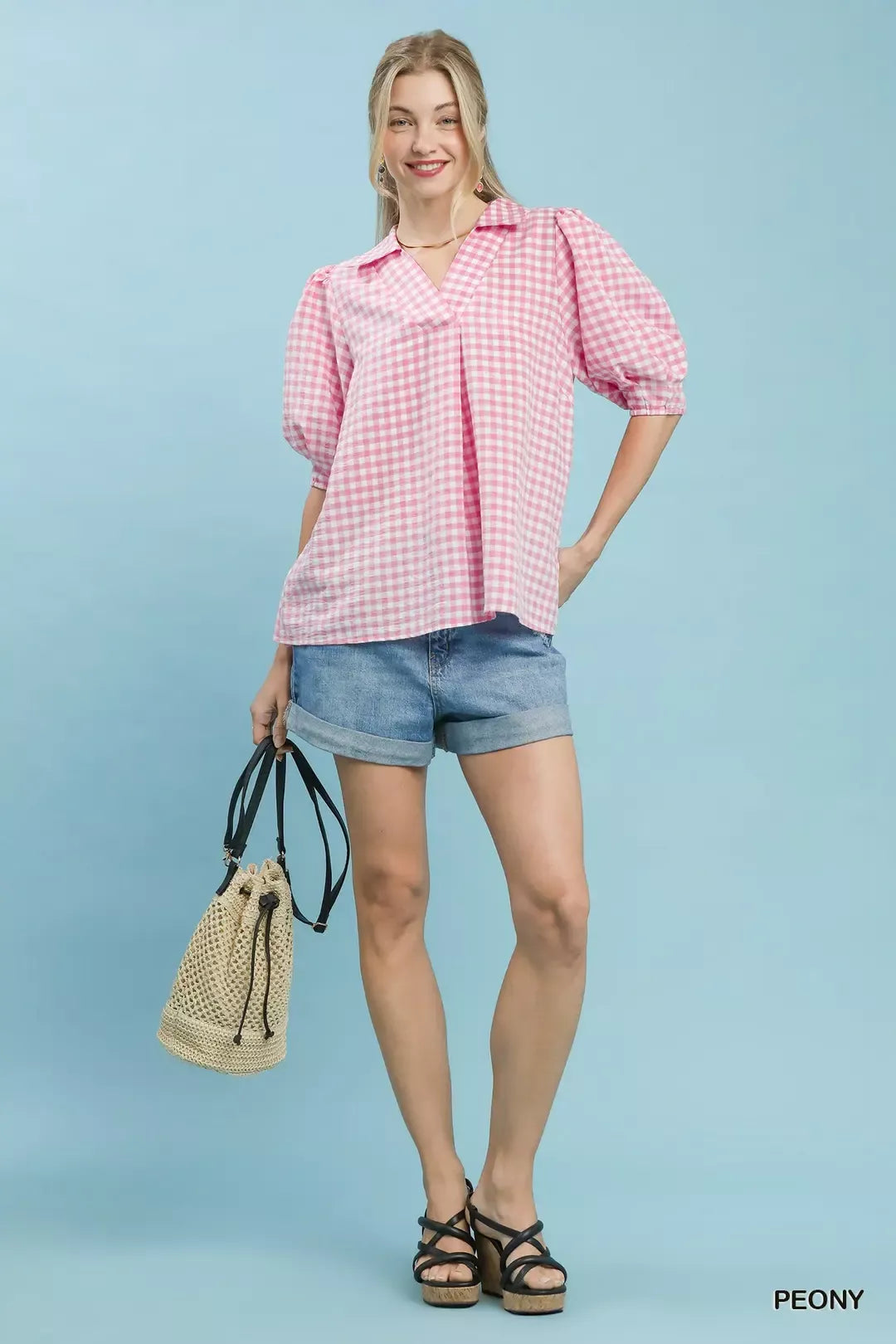 Umgee Gingham Puff Sleeve Collared Blouse in Pink