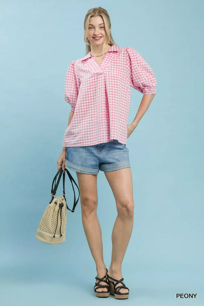 Umgee Gingham Puff Sleeve Collared Blouse in Pink