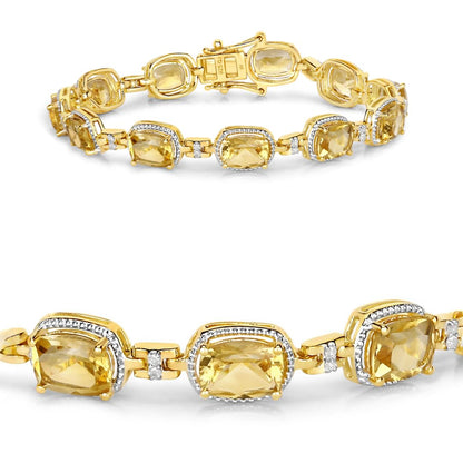 Cushion Yellow Citrine & Diamond Prong Silver Tennis Bracelet