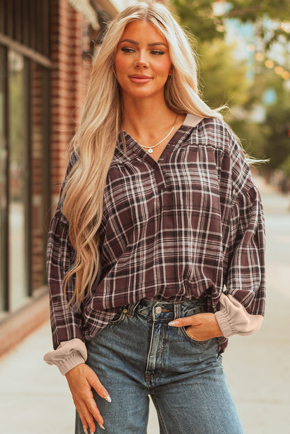 Threaded Pear Lauren Plaid Patchwork Long Sleeve Hooded Top