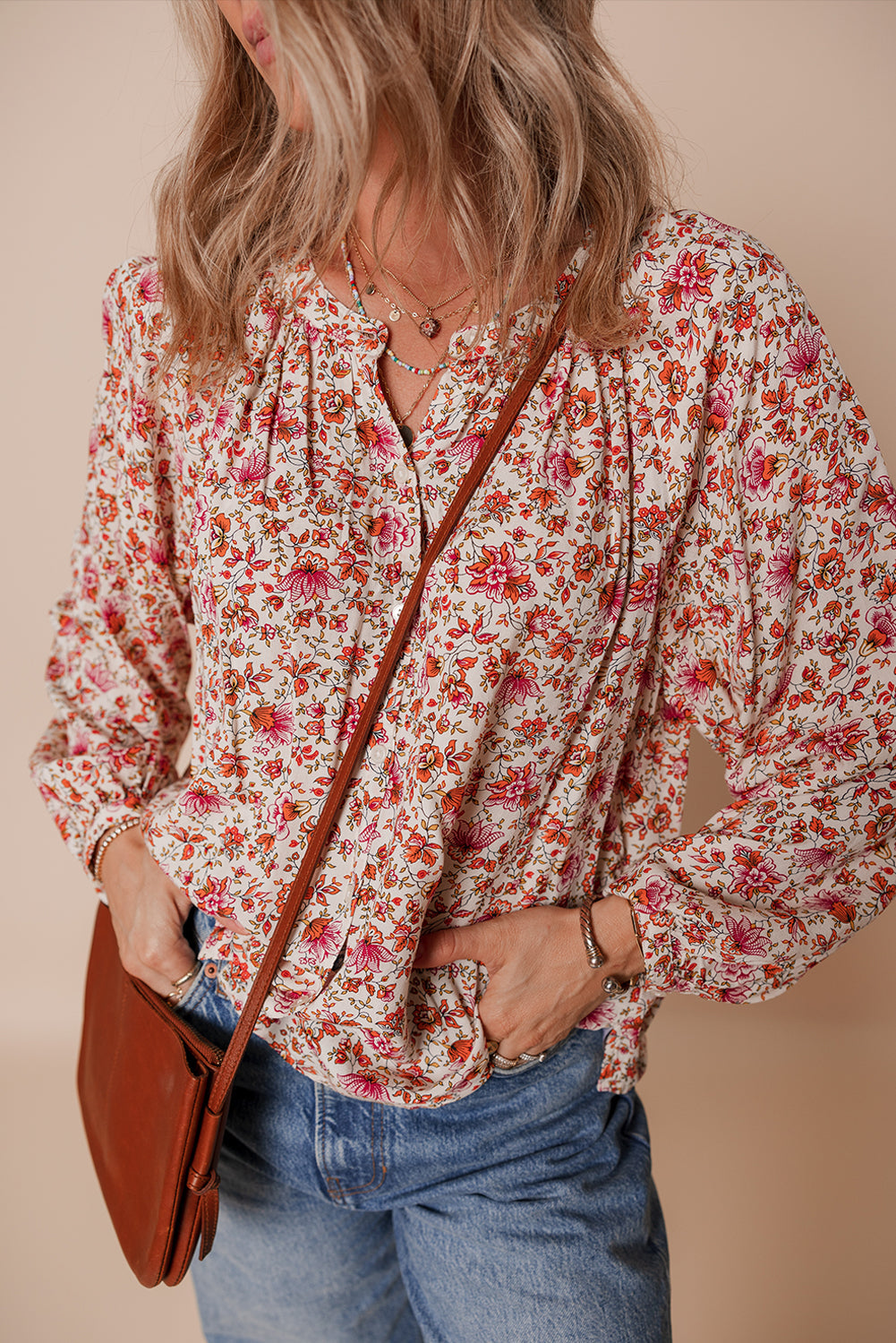 Threaded Pear Carter Notched Puff Sleeve Blouse