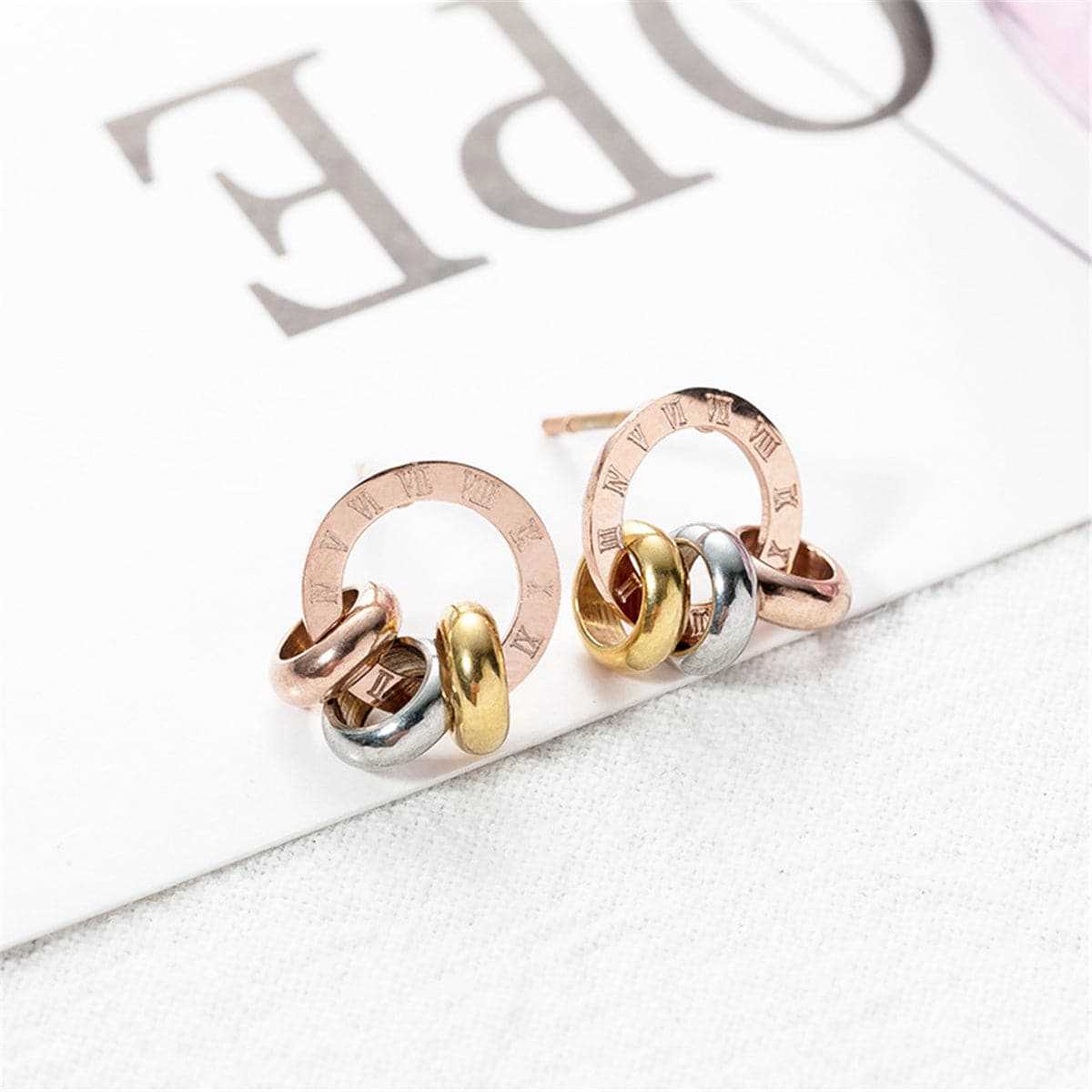 Rose Goldtone Triple Ring Stud Earrings