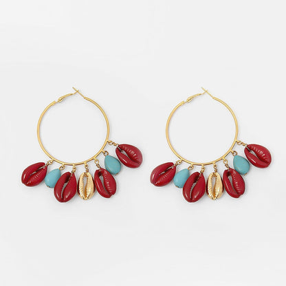 Turquoise & Red Shell Charm Hoop Earrings